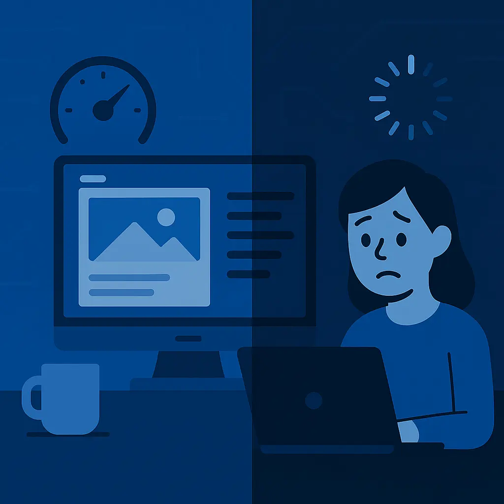 Split screen showing developer vs user experience, highlighting unnoticed lag