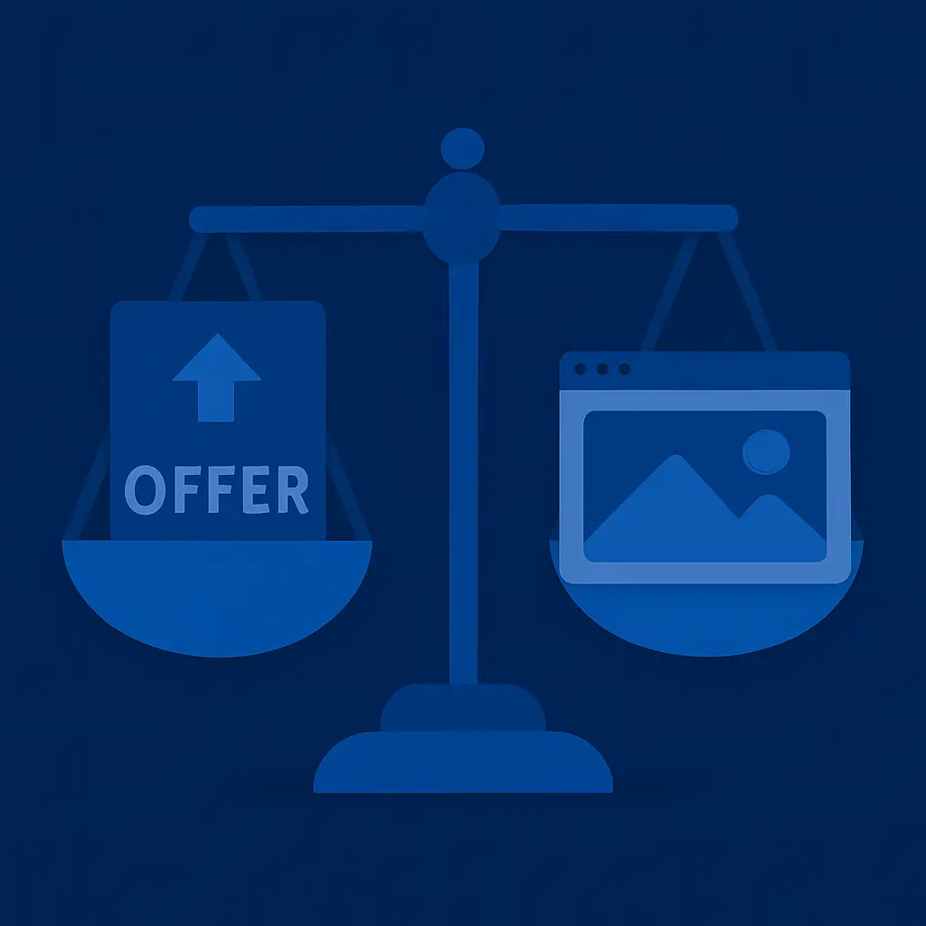 A scale balancing a compelling offer vs shiny website design